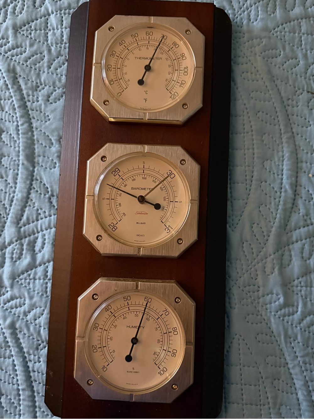 Sunbeam Wooden Wall Weather Station with Gold-Tone Dials